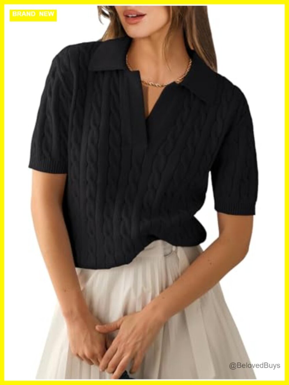 ANRABESS Womens Cable Knit V-Neck Short Sleeve Sweater